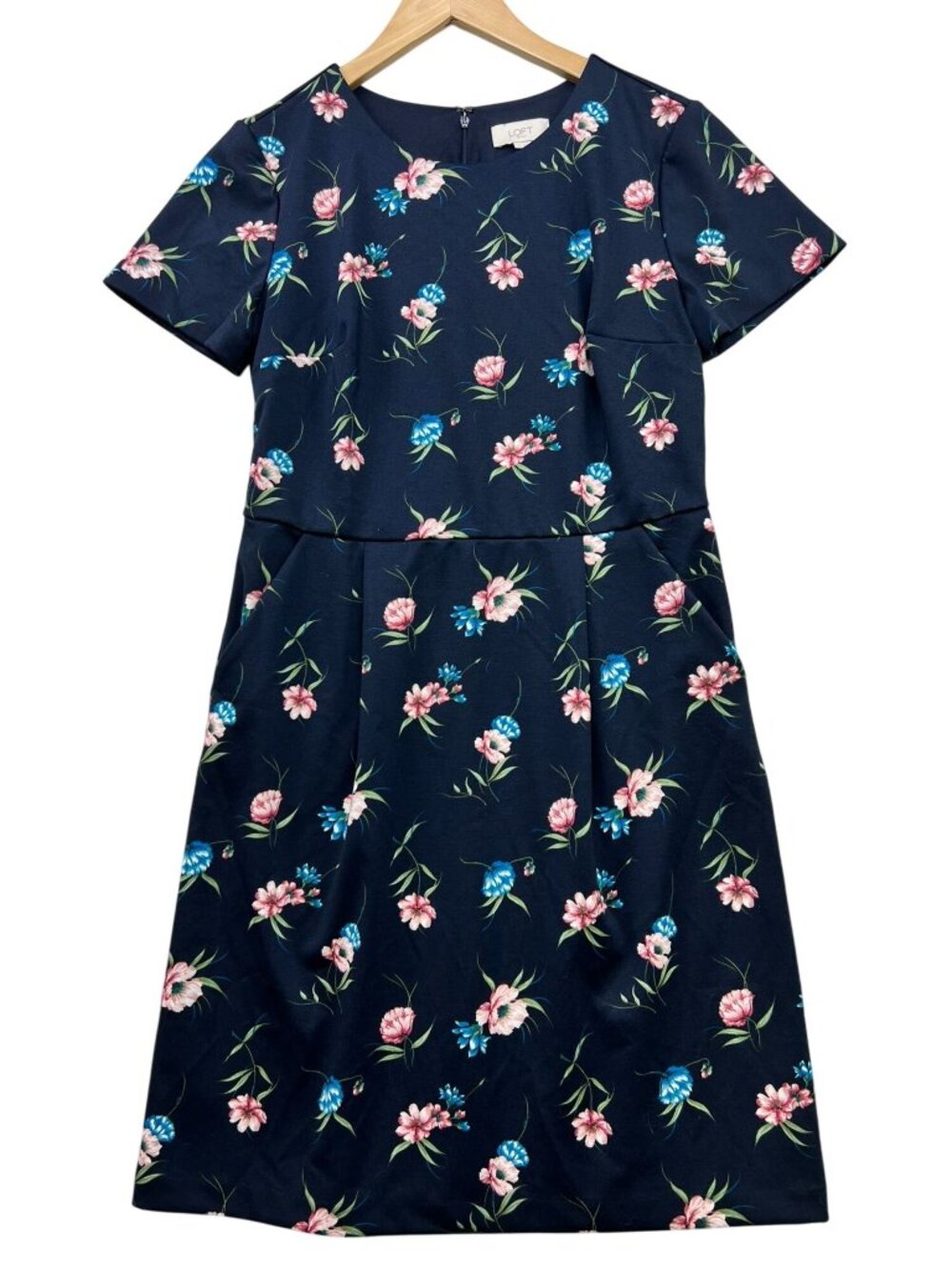 Loft Outlet Womens Floral Summer Mini Dress Size 4 Navy Blue Cap Sleeve Crewneck